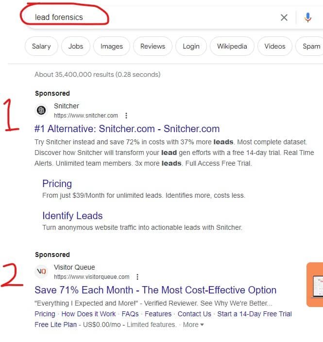Image showing how competitors appear in Google Ads when searching for Lead Forensics