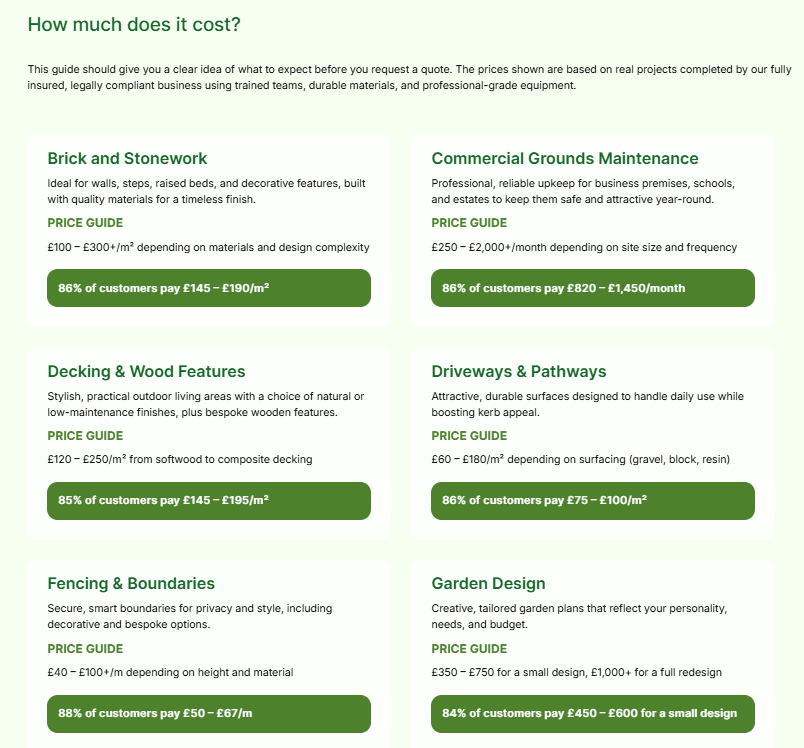 Example of pricing shown within the prices page of a website