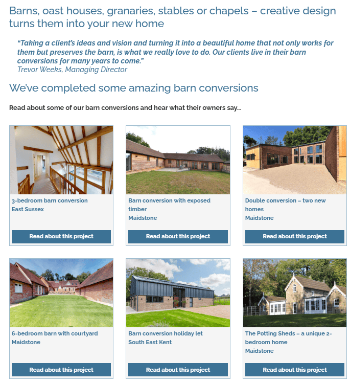 Example of a barn conversions page showing case studies