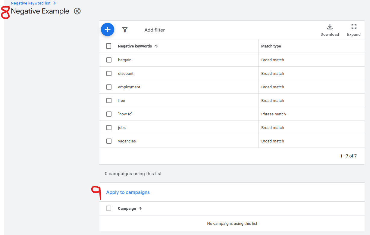Image showing part of the process to add a negative keyword list to campaigns in Google Ads.