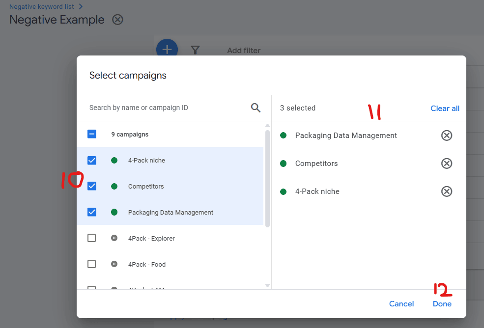 Image showing how to apply account level negative keywords list to campaigns within Google Ads.