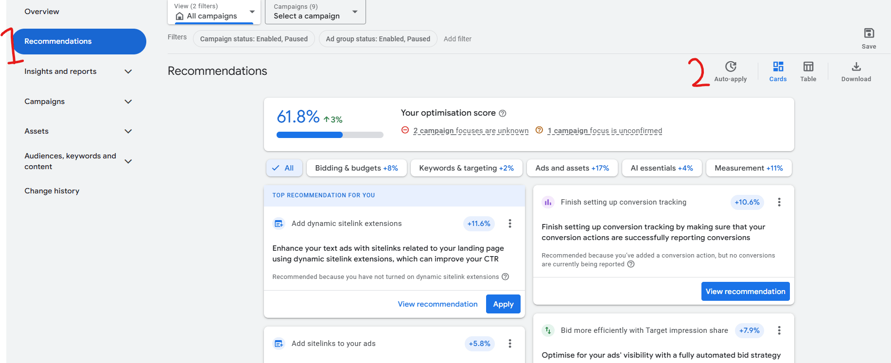 Image showing how to access the auto-apply part of Google Ads.