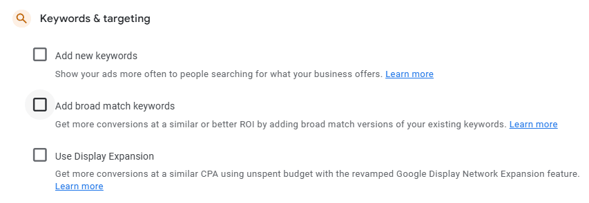 Image showing the auto apply options advised to be unticked in Google Ads.