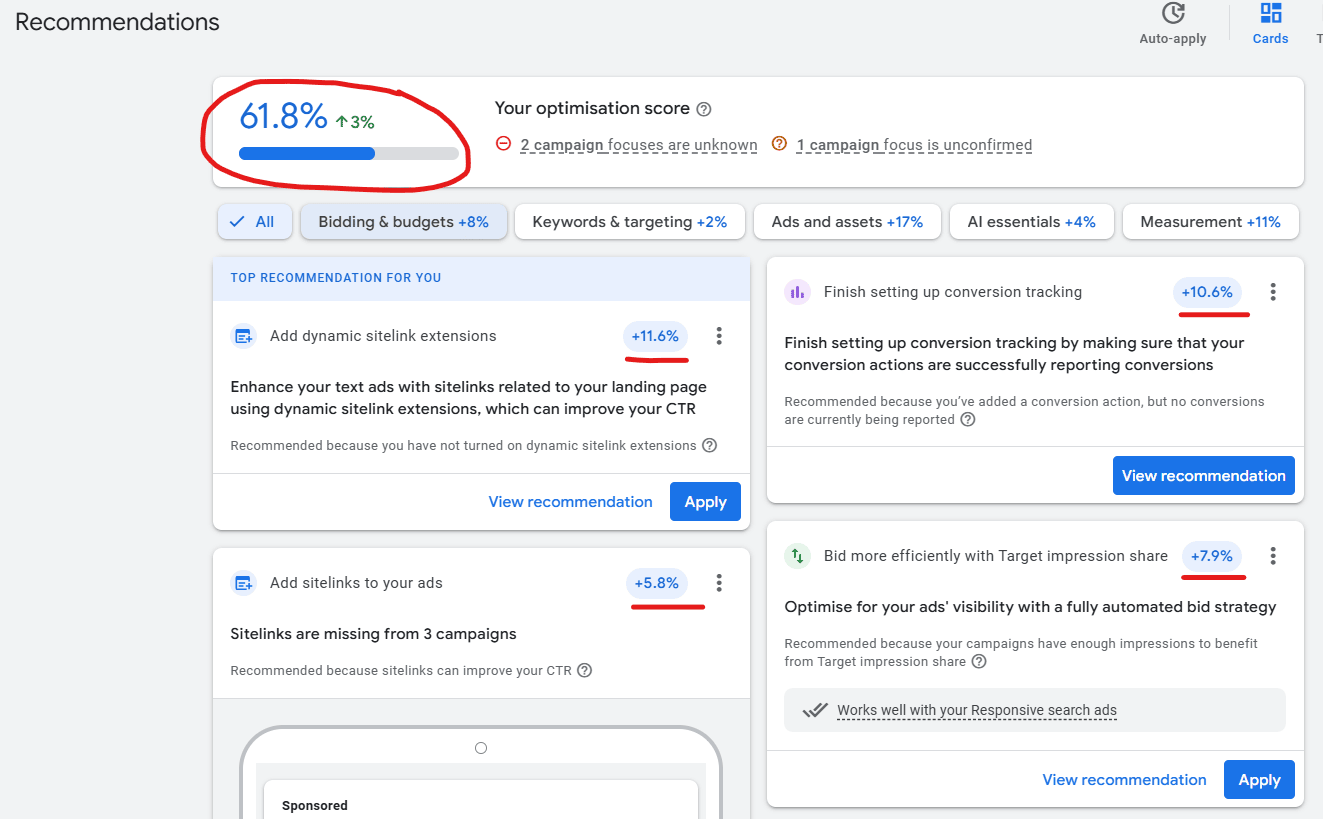 Image showing the recommended optimisations in Google Ads.