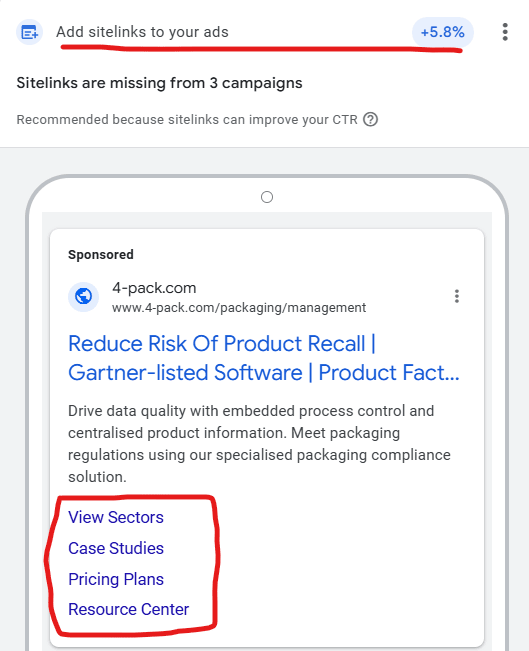 Image showing an example of a Google Ads recommendation.