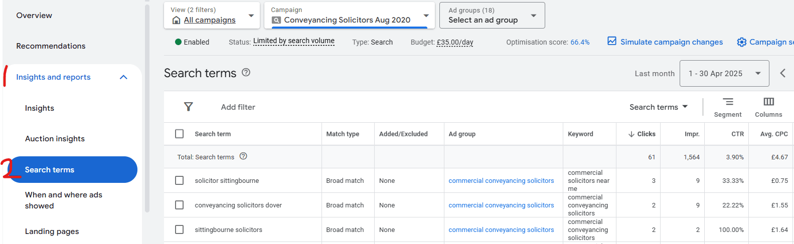 Image showing part of the process to access search terms in Google Ads.