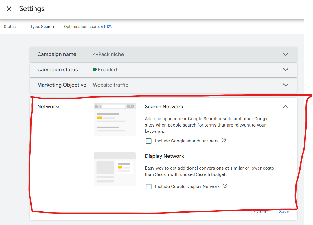 Image showing the networks settings within Google Ads.
