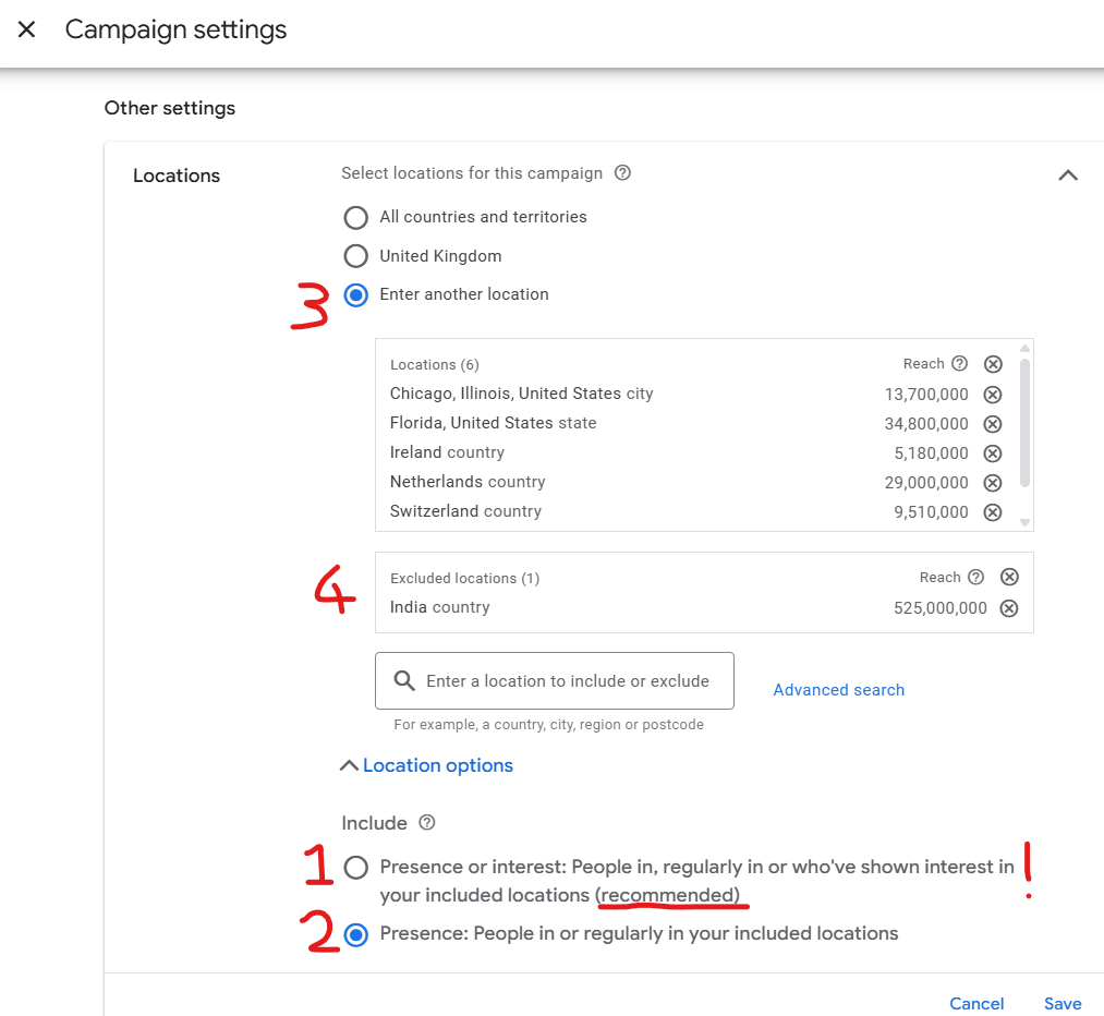 Image showing which Locations settings should and shouldnt be set in Google Ads.