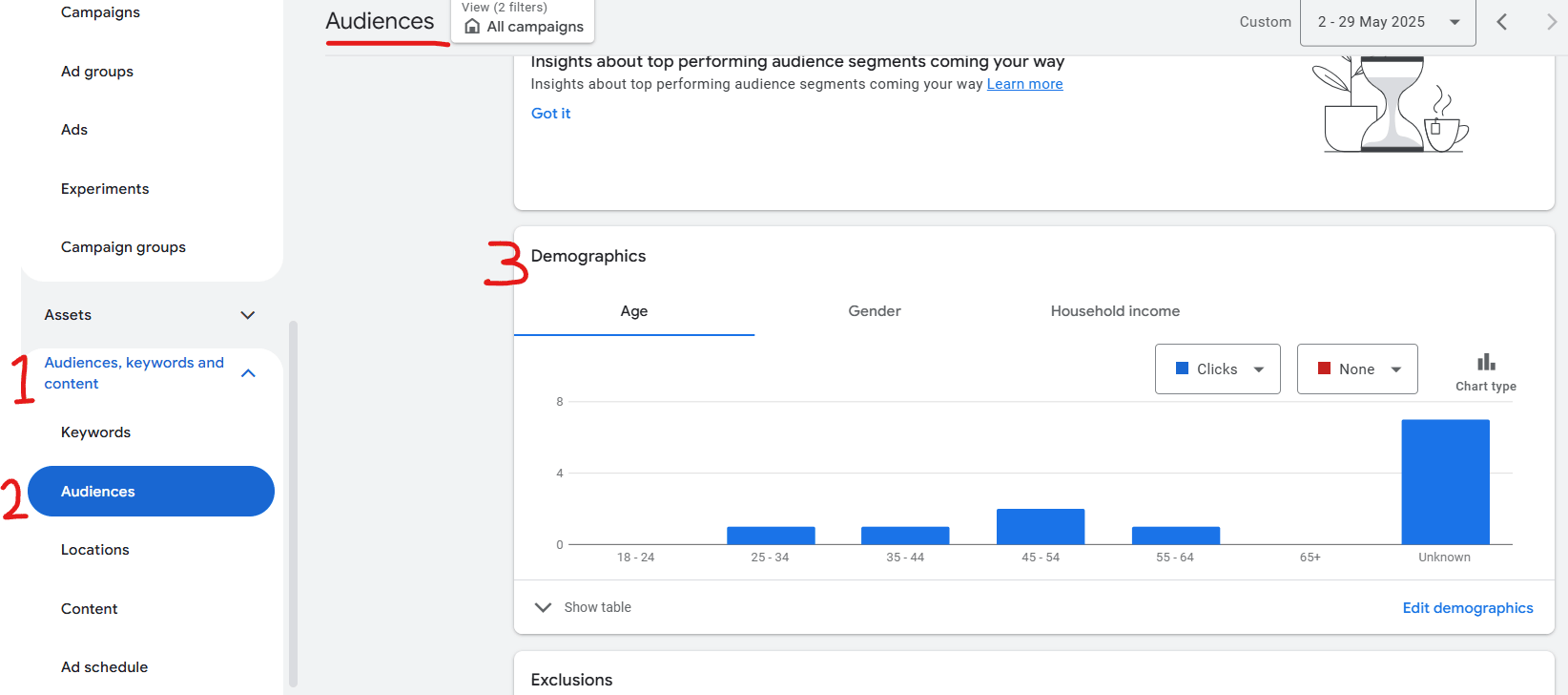 Image showing how to access demographics in Google Ads.