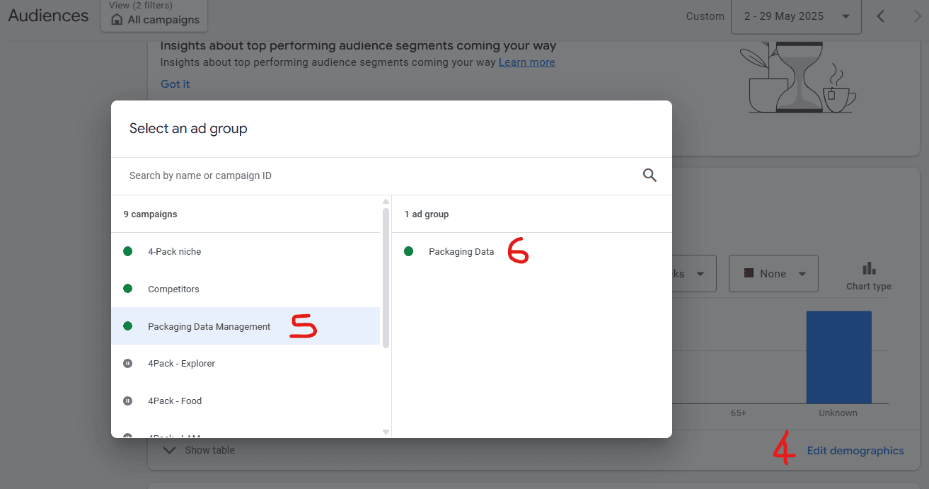 Image showing how to apply demographics to campaigns in Google Ads.