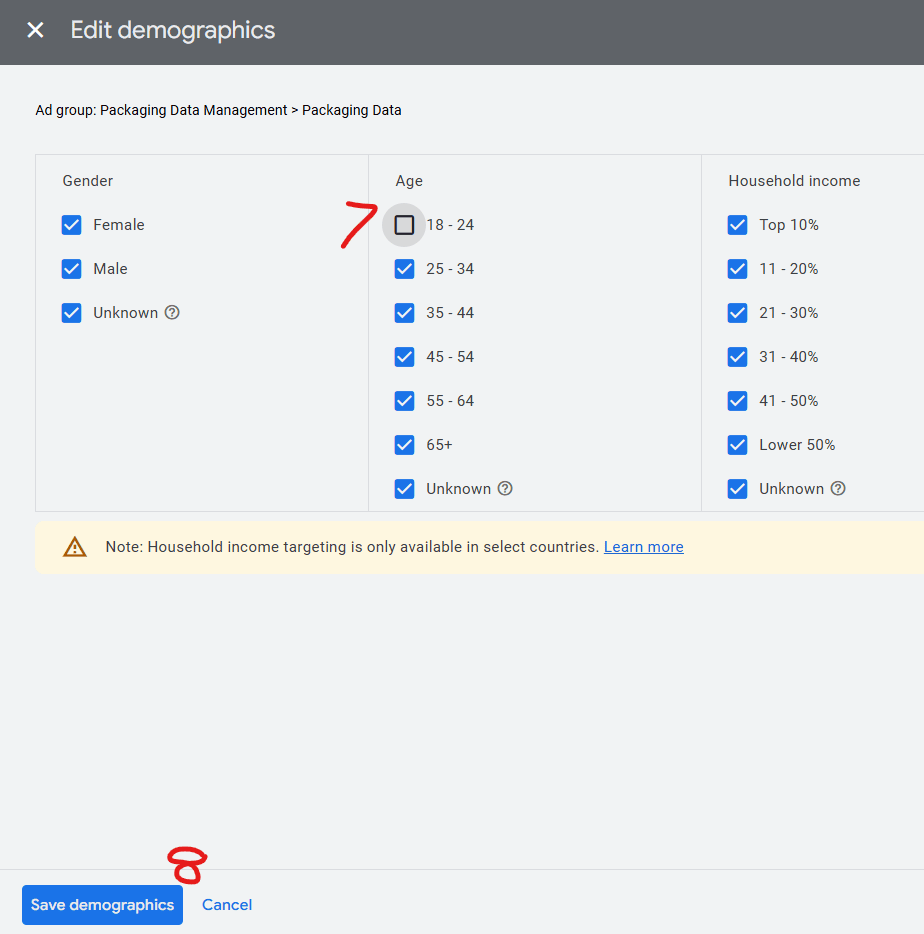 Image showing how to select and deselect demographics in Google Ads.