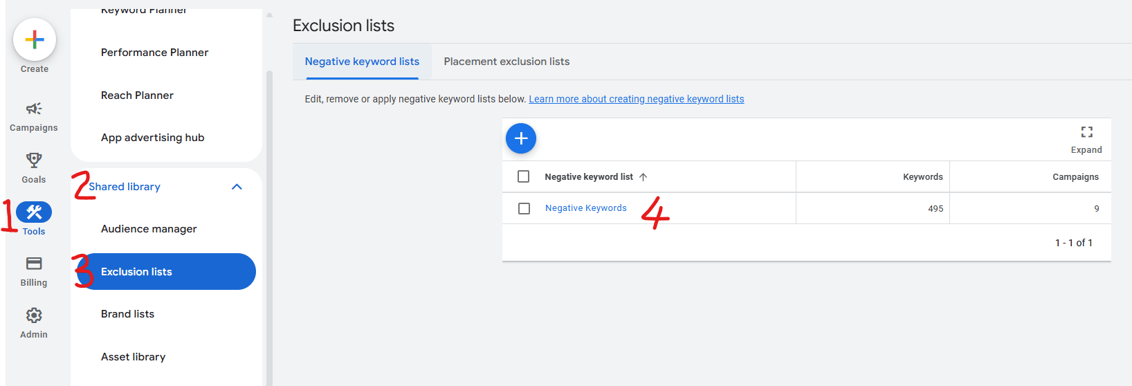 Image showing where to find account level negative keyword lists in Google Ads.