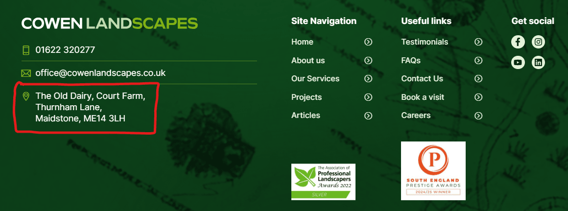 Image showing a business address in the website footer