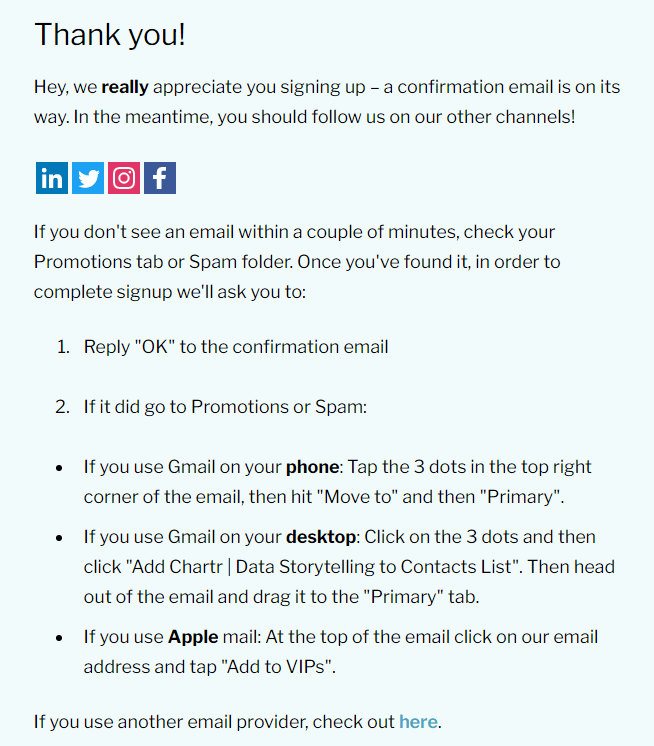 example of a website thank you page that shows what to expect next