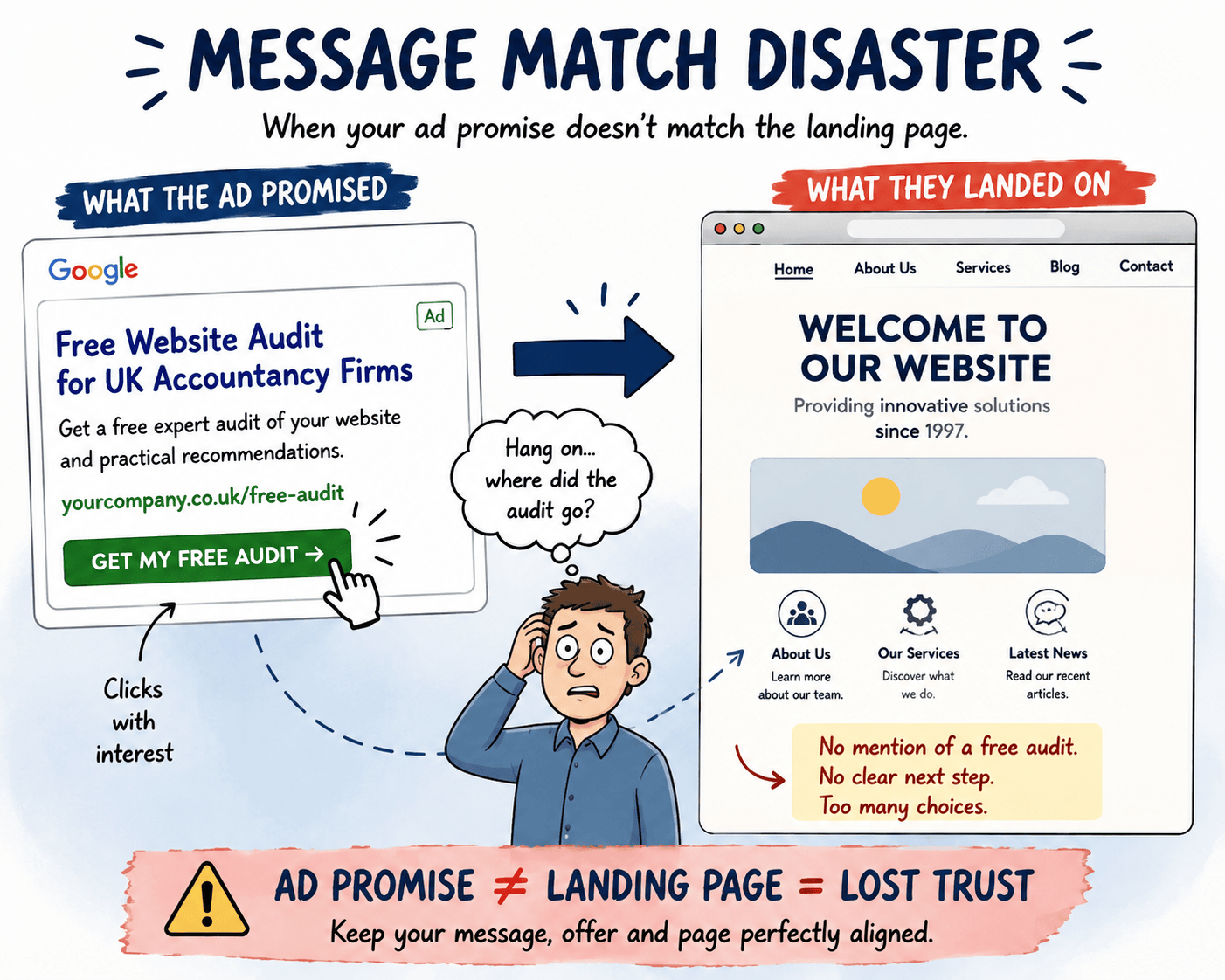 Image showing confusion between a specific ad and vague landing page