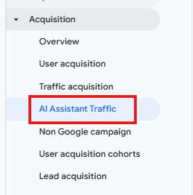 AI Assistant Traffic report showing within Acquisition menu of Google Analytics