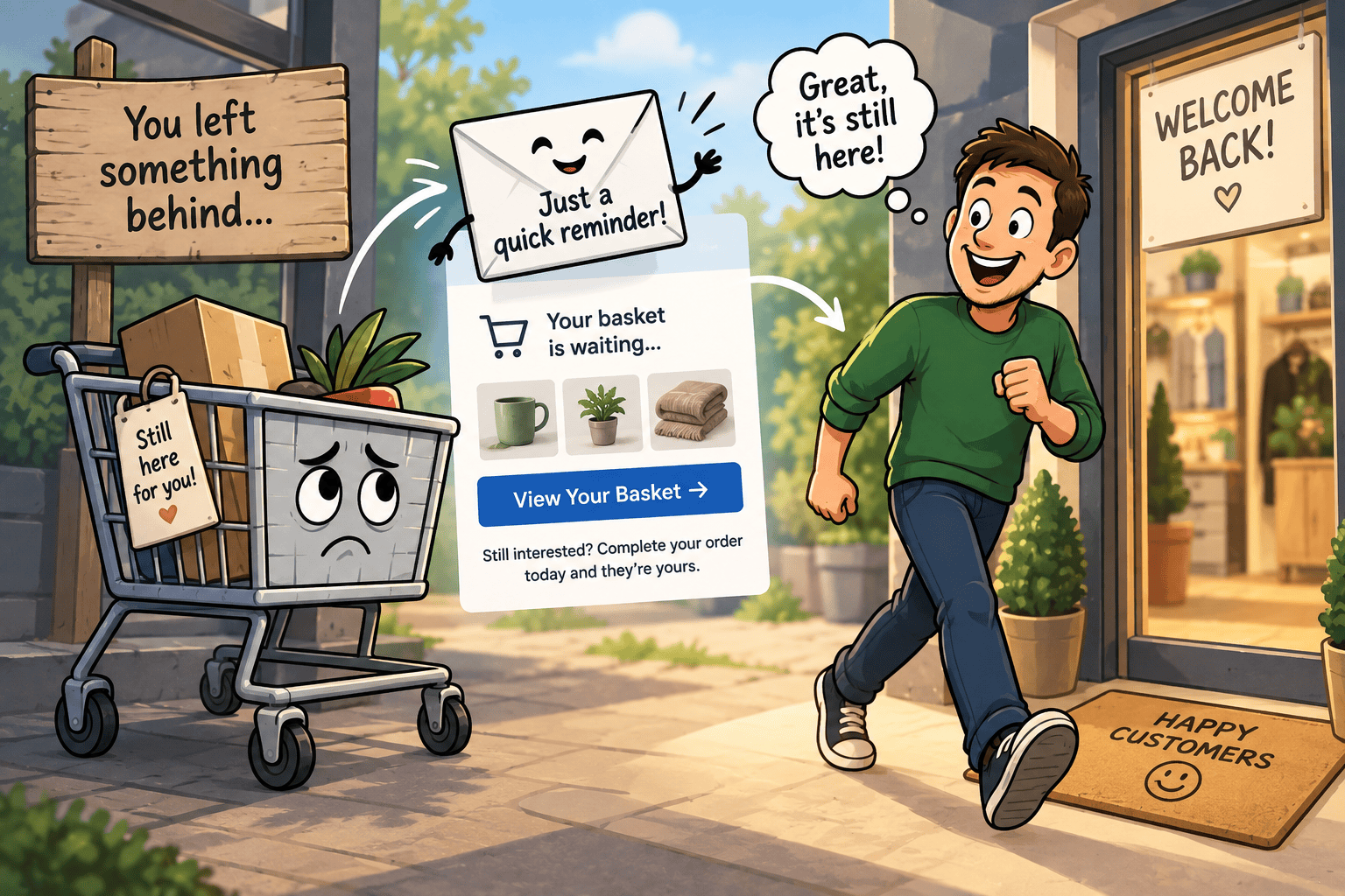 Abandoned shopping basket being recovered through a reminder email that brings the customer back to complete their purchase