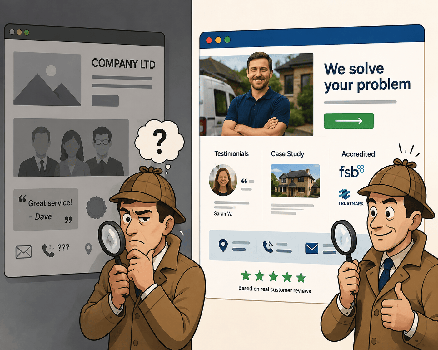 Cartoon showing differences between searching for and finding credibility on a website