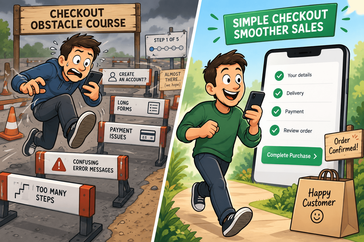Shopper struggling through a complicated mobile checkout compared with a simple, friction-free checkout process