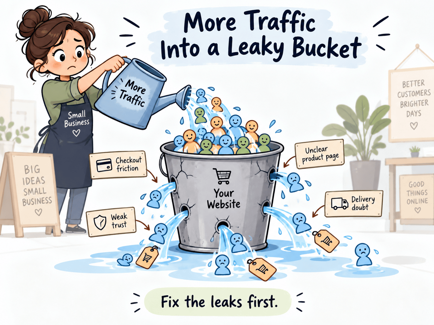 Small business owner pouring more website traffic into a leaking bucket representing lost online sales
