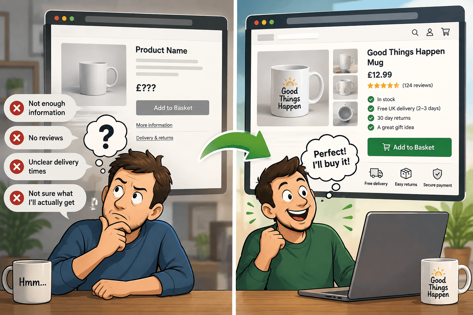 Comparison of a confusing ecommerce product page with a clear product page showing price, reviews, delivery and return