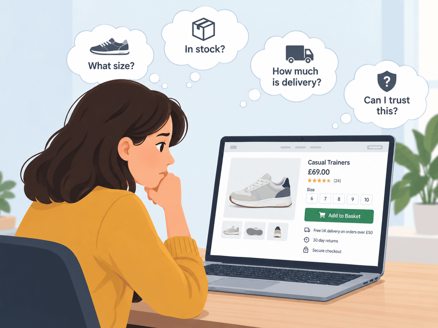 Online shopper considering a pair of trainers with questions about size, stock, delivery and trust before buying