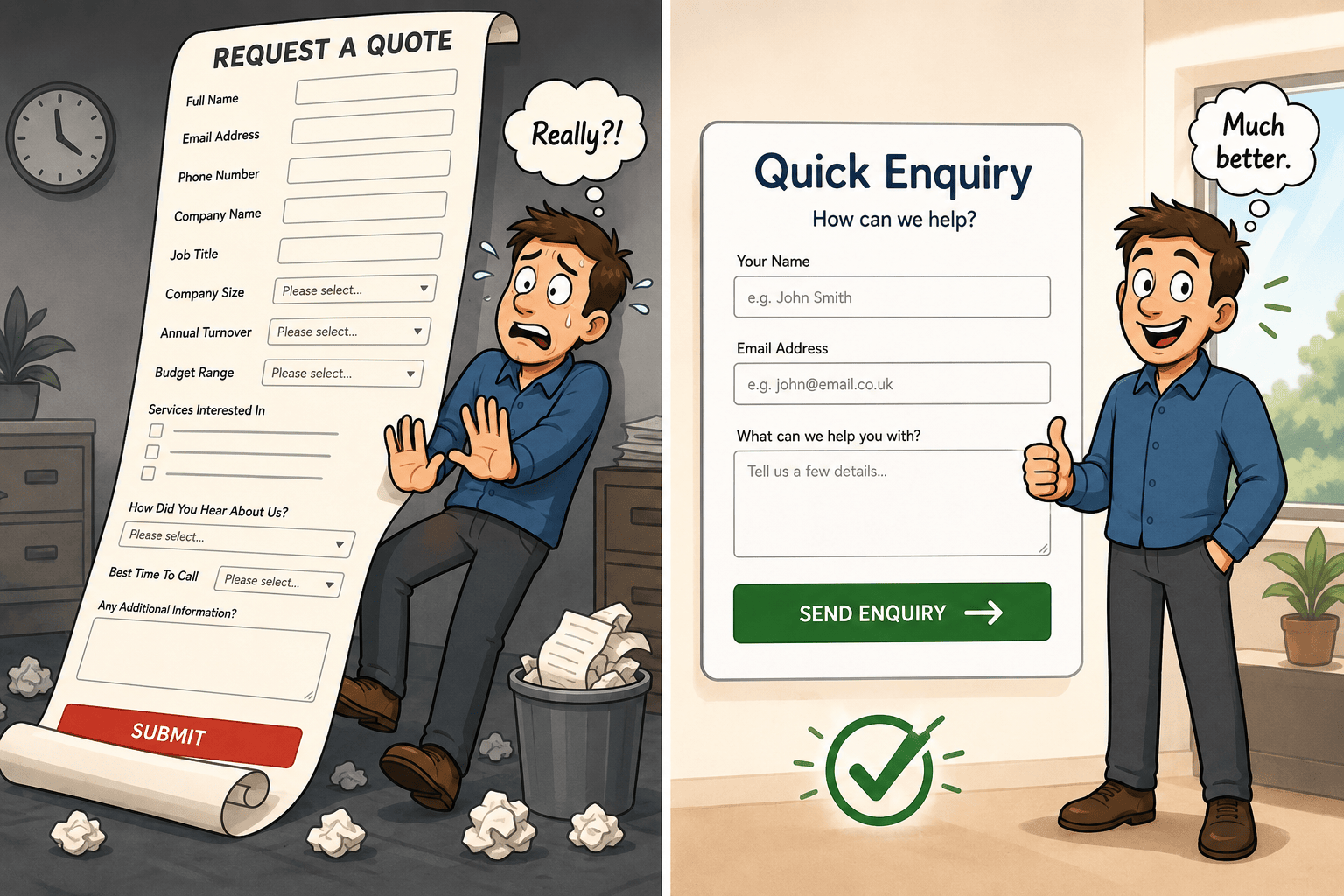 Cartoon lampooning long website enquiry forms